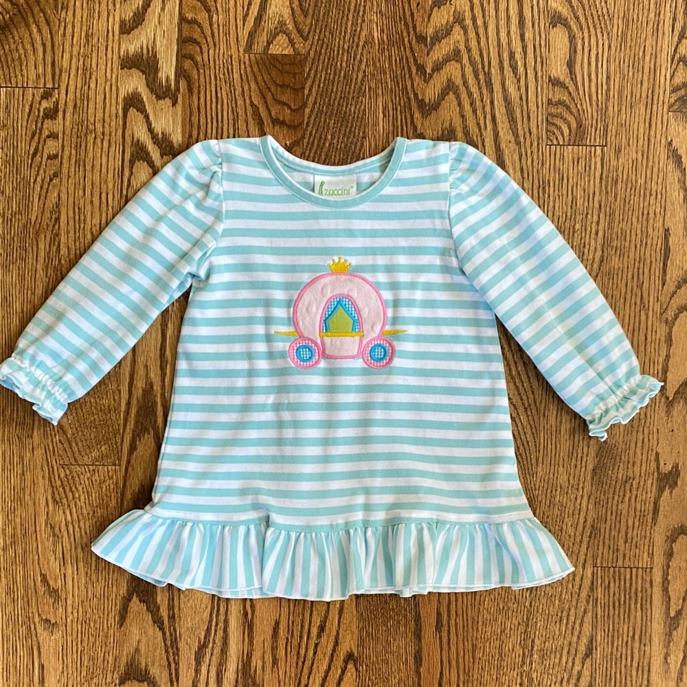 Turquoise striped embroidered princess carriage dress, size 18 months Great cond
